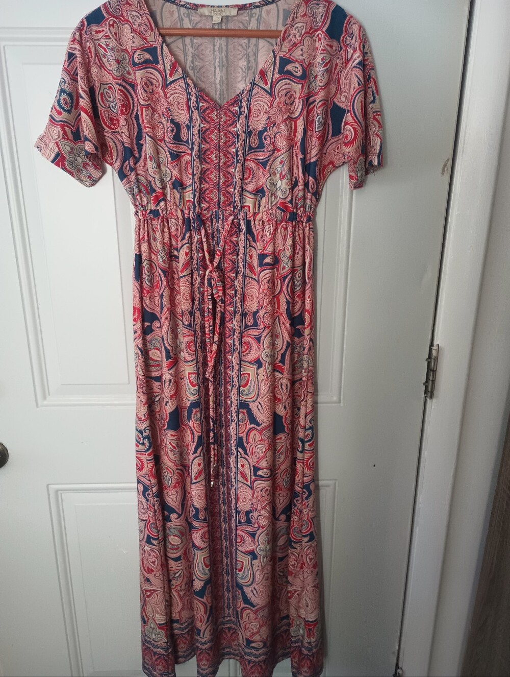 Haani Paisley Print Pink & Navy Maxi Dress with Drawstring Waist